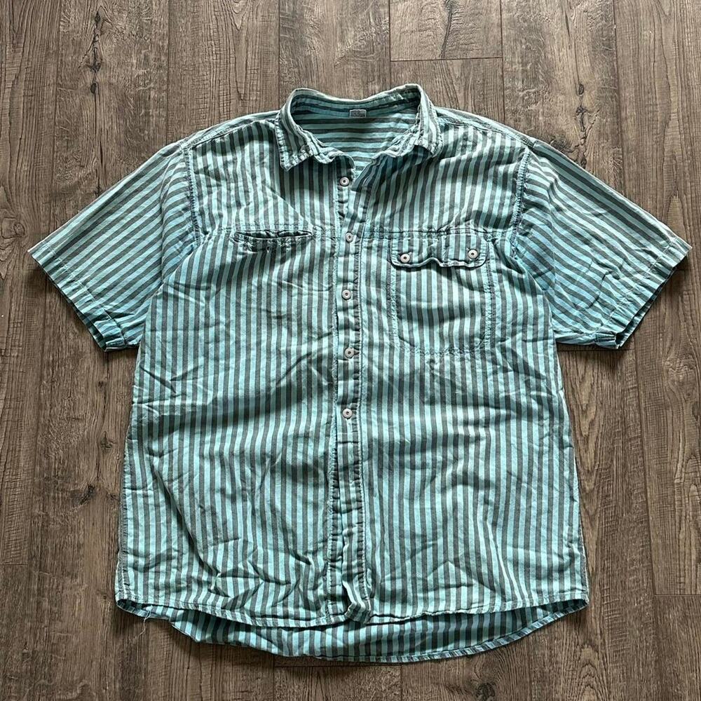 Vintage 80s Striped Cotton Blue Button Up Carnival Diner Style Work Shirt